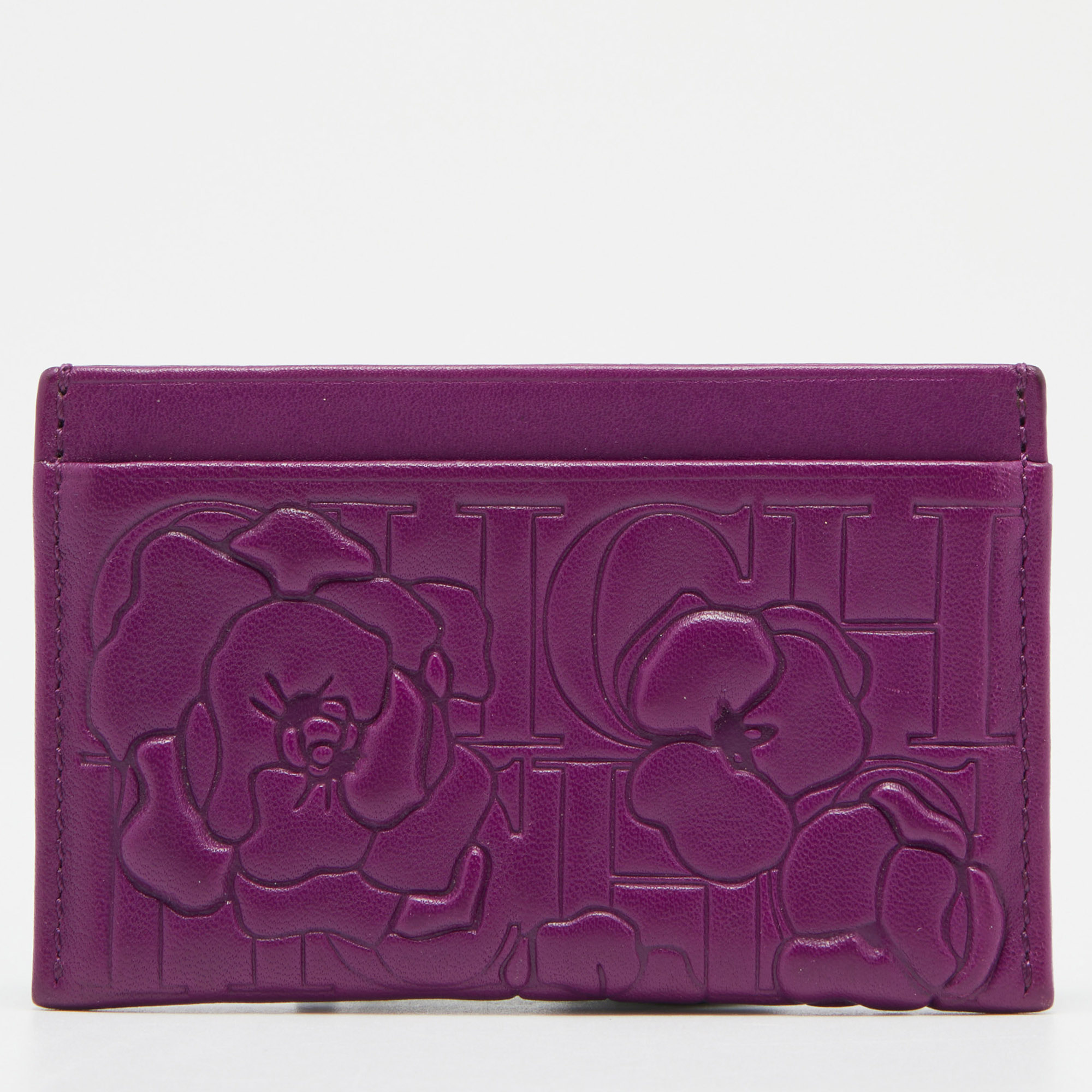 Ch Carolina Herrera Purple Monogram Embossed Leather Card Holder